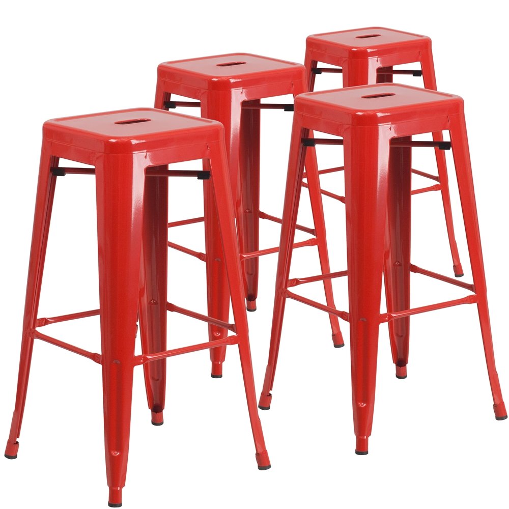 4 Pk. 30” High Backless Red Metal Indoor-Outdoor Barstool with Square Seat