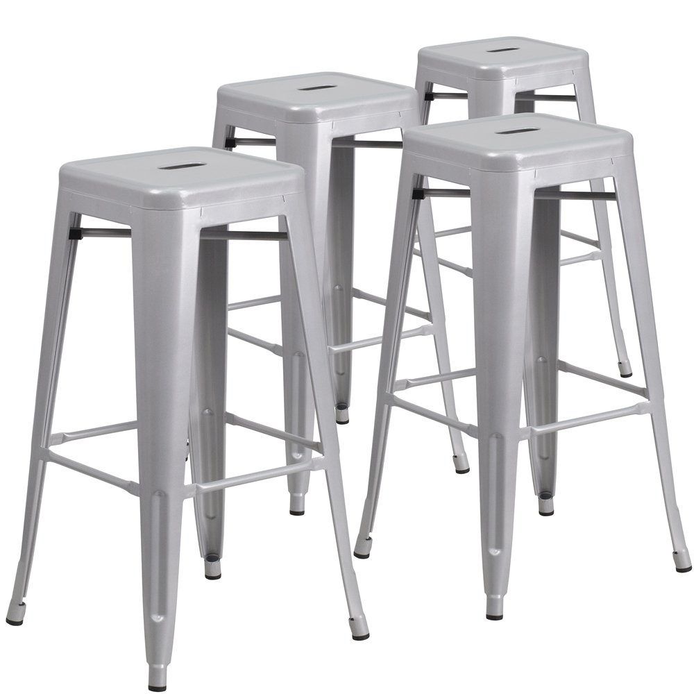 4 Pk. 30” High Backless Silver Metal Indoor-Outdoor Barstool with Square Seat