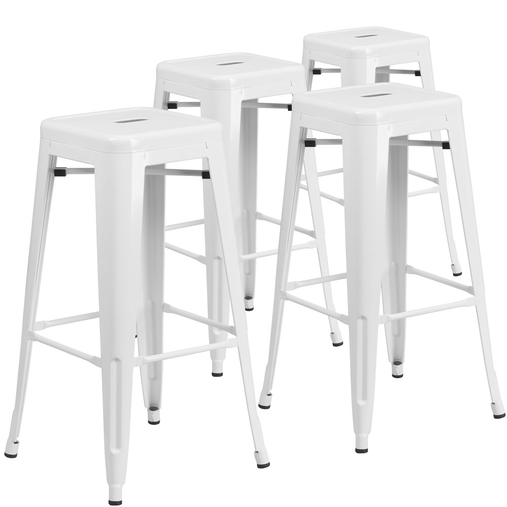 4 Pk. 30” High Backless White Metal Indoor-Outdoor Barstool with Square Seat