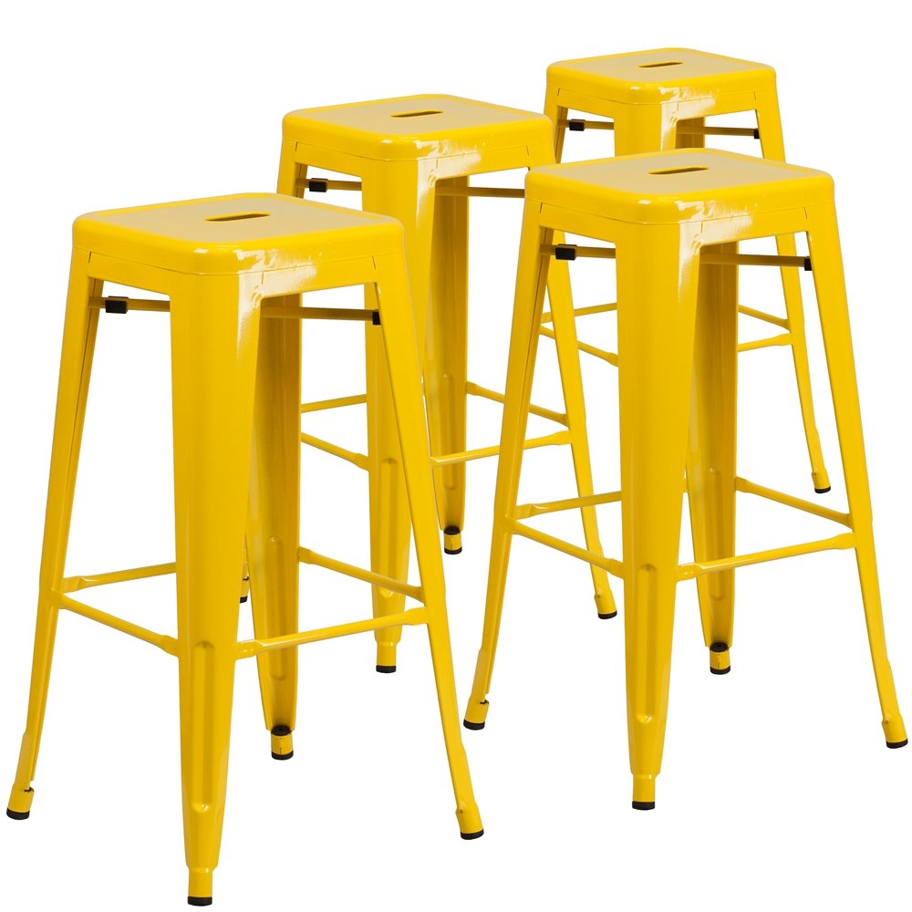 4 Pk. 30” High Backless Yellow Metal Indoor-Outdoor Barstool with Square Seat
