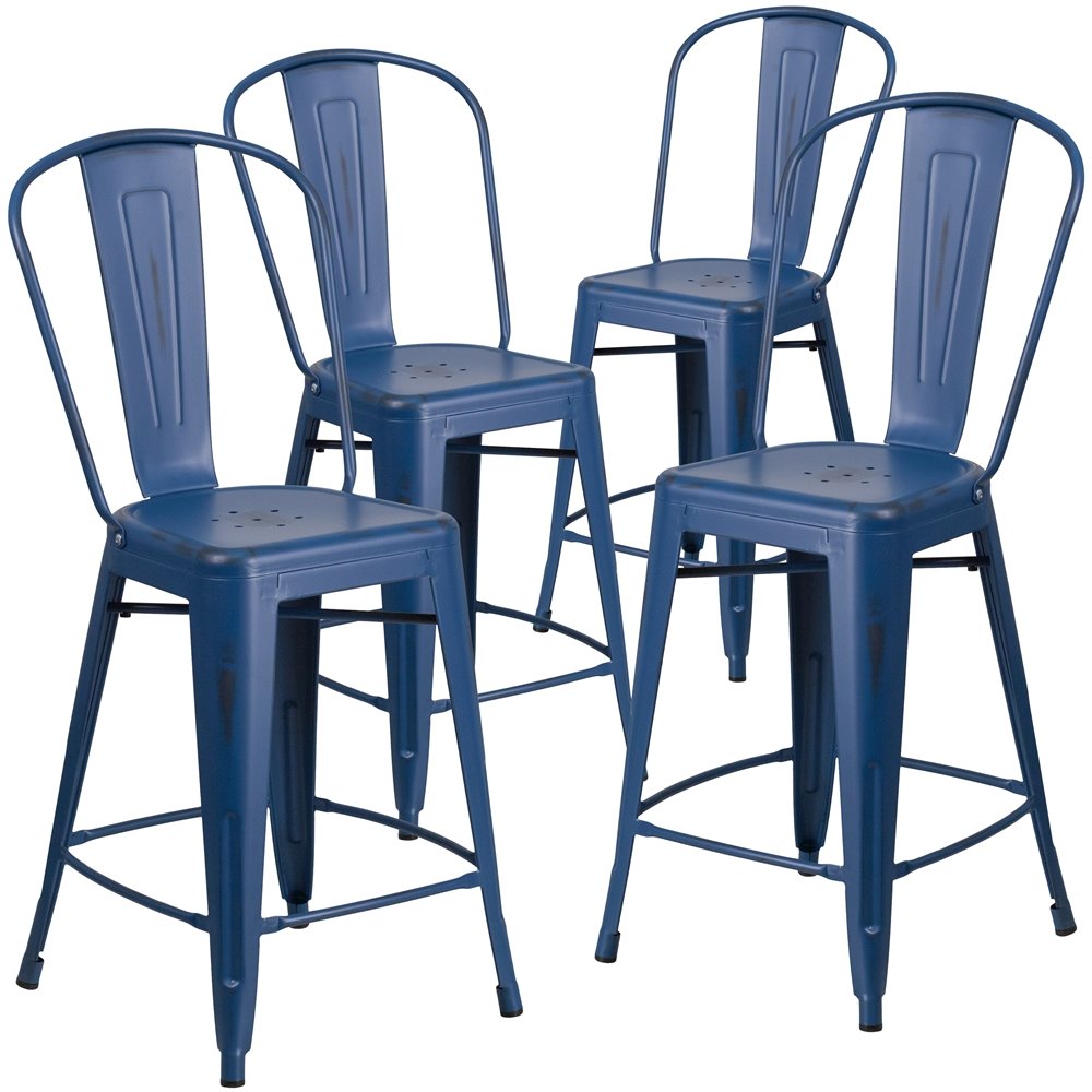 4 Pk. 24” High Distressed Antique Blue Metal Counter Height Stool with Back