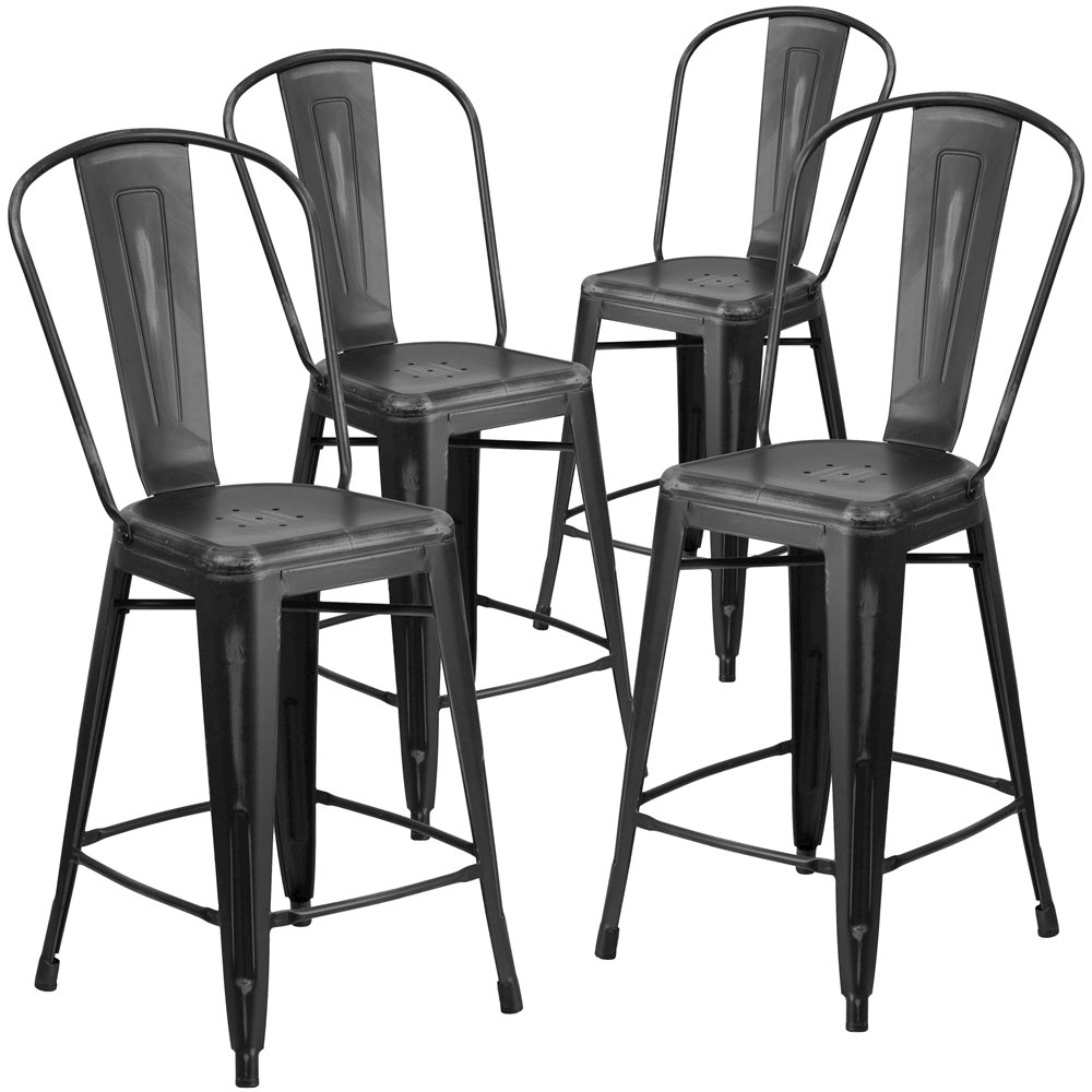 4 Pk. 24” High Distressed Black Metal Indoor Counter Height Stool with Back