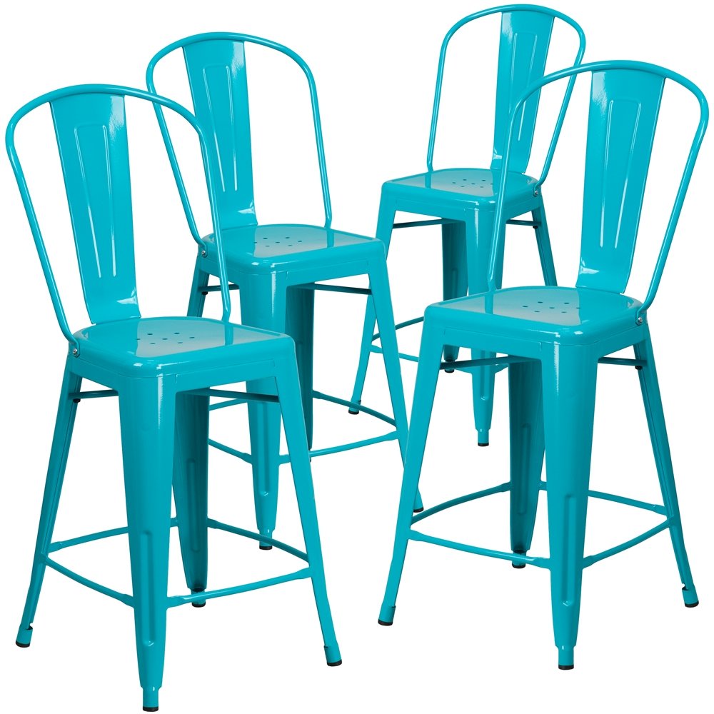 4 Pk. 24” High Crystal Blue Metal Indoor-Outdoor Counter Height Stool with Back