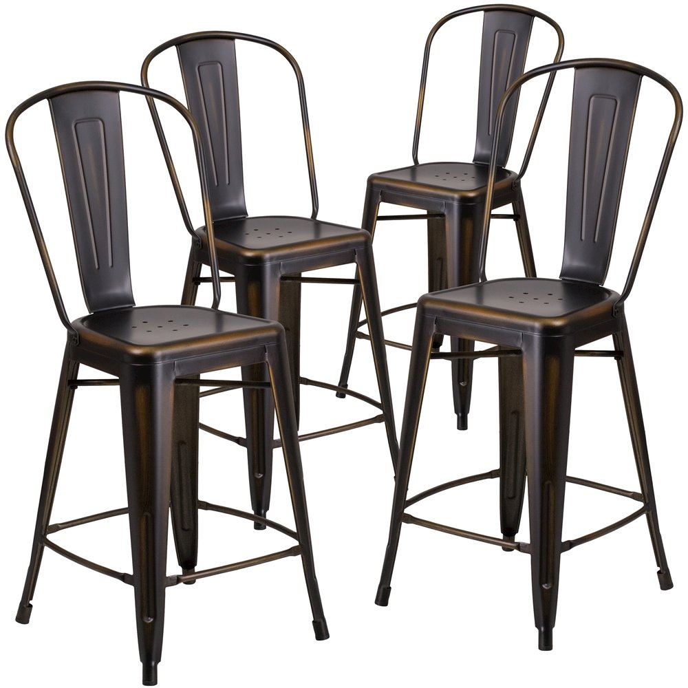 4 Pk. 24” High Distressed Copper Metal Indoor Counter Height Stool with Back