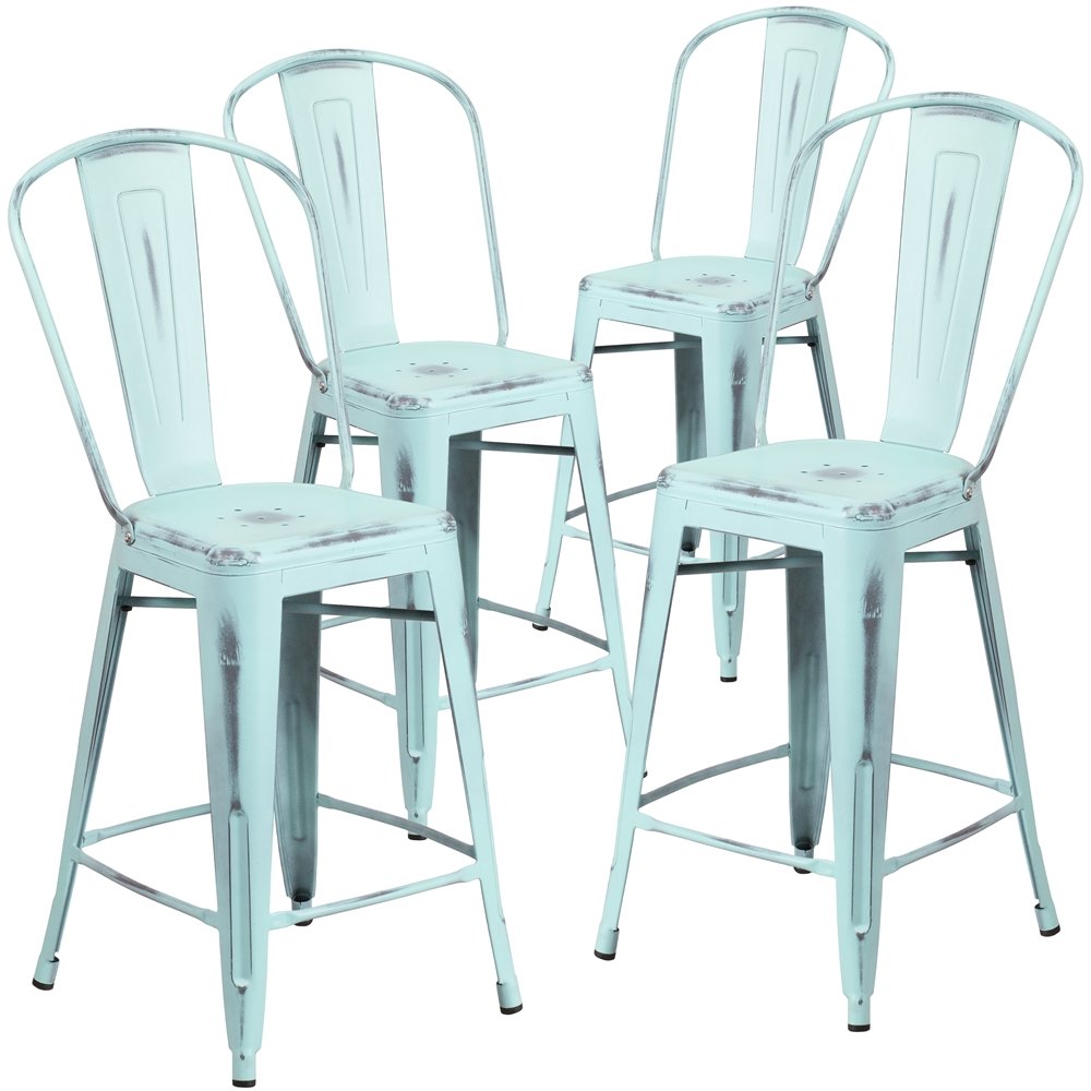 4 Pk. 24” High Dream Blue Metal Indoor Counter Height Stool with Back