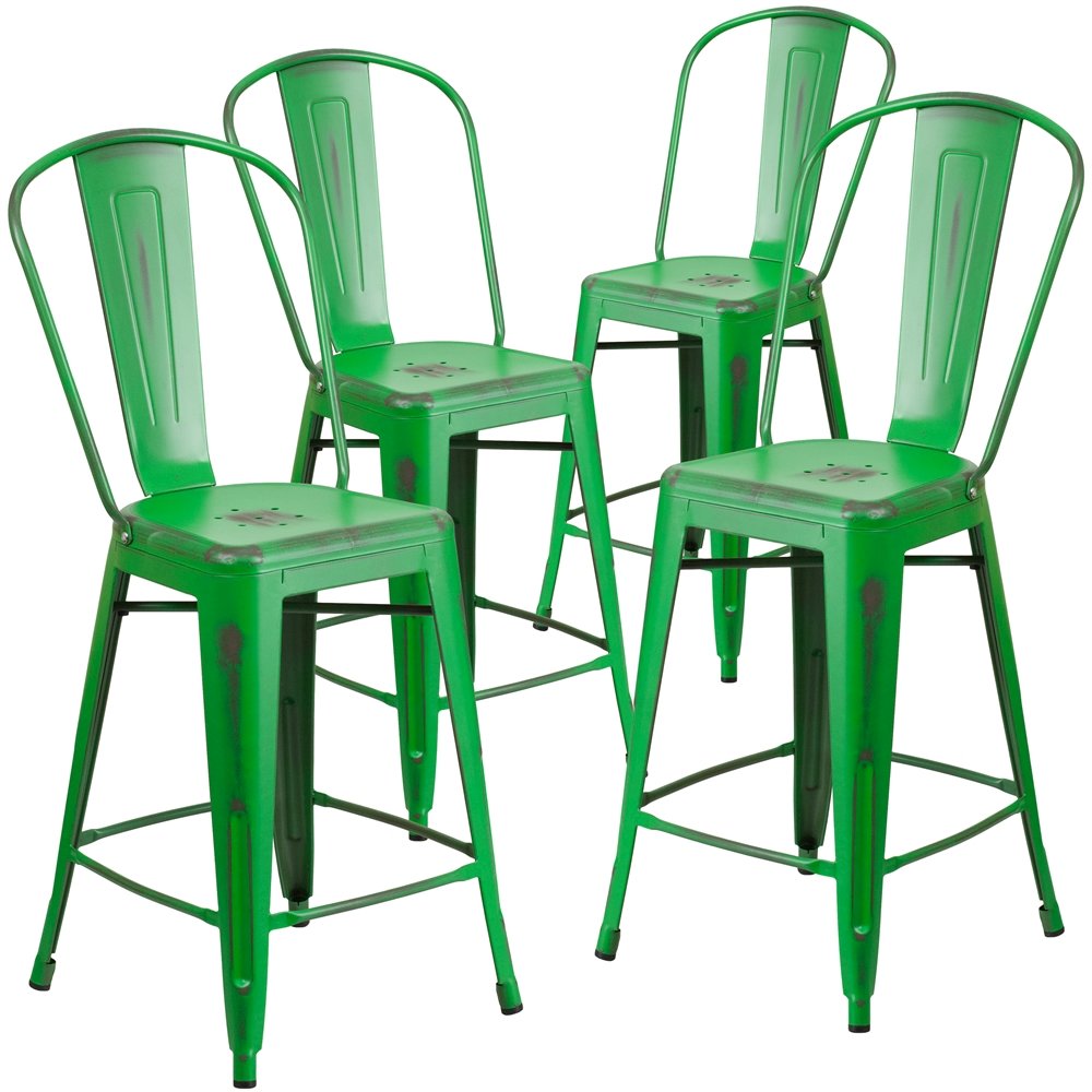 4 Pk. 24” High Distressed Green Metal Indoor Counter Height Stool with Back