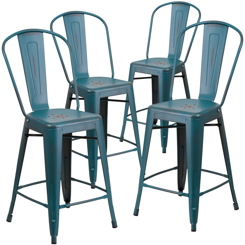 4 Pk. 24” High Kelly Blue Metal Indoor Counter Height Stool with Back