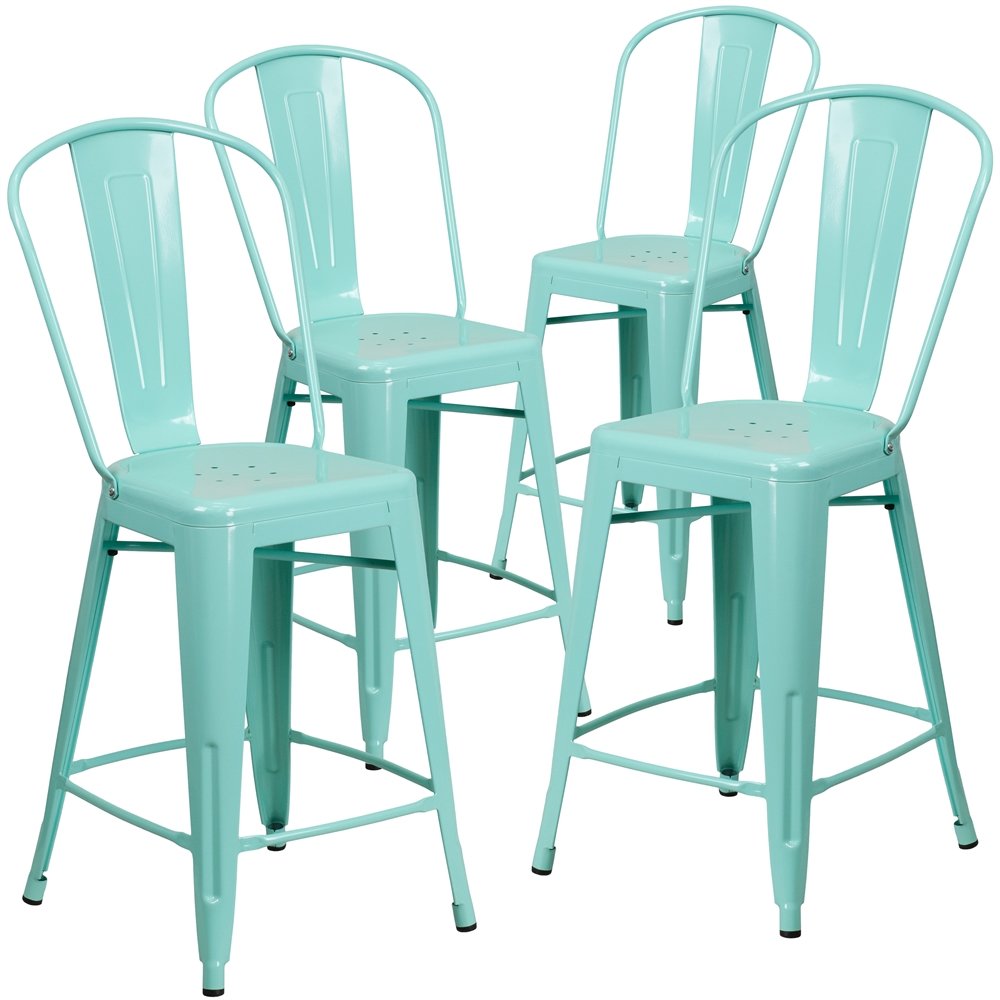 4 Pk. 24” High Mint Green Metal Indoor-Outdoor Counter Height Stool with Back