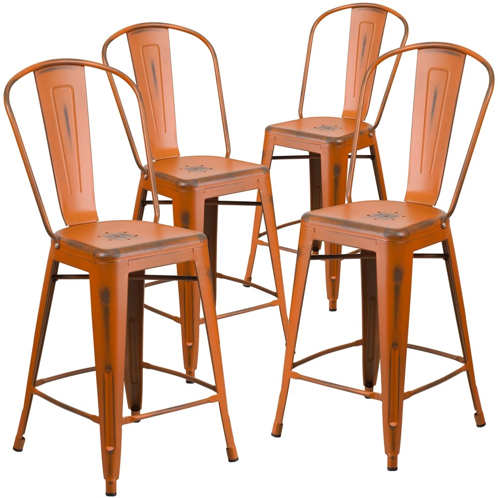 4 Pk. 24” High Distressed Orange Metal Indoor Counter Height Stool with Back