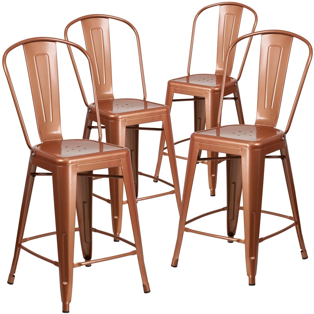 4 Pk. 24” High Copper Metal Indoor-Outdoor Counter Height Stool with Back