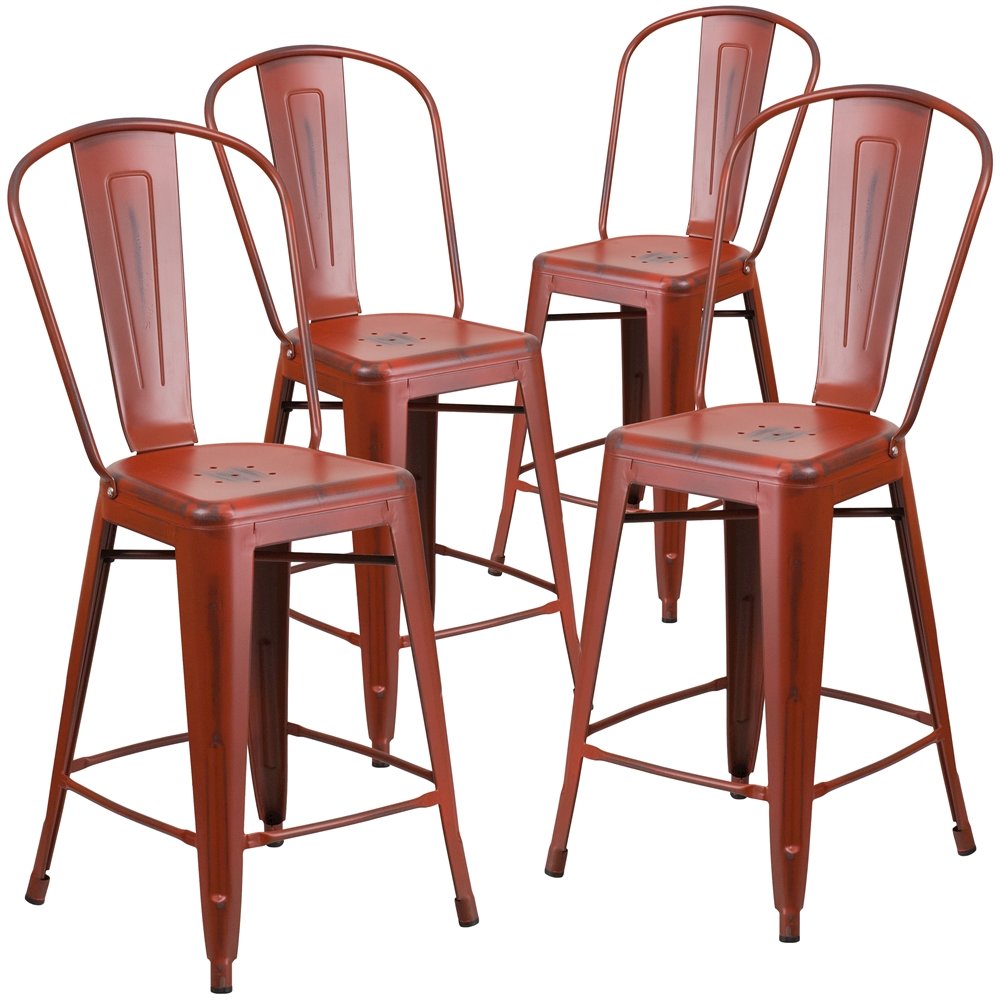 4 Pk. 24” High Distressed Kelly Red Metal Indoor Counter Height Stool with Back