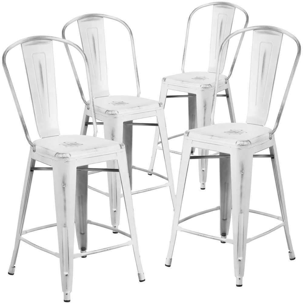 4 Pk. 24” High Distressed White Metal Indoor Counter Height Stool with Back