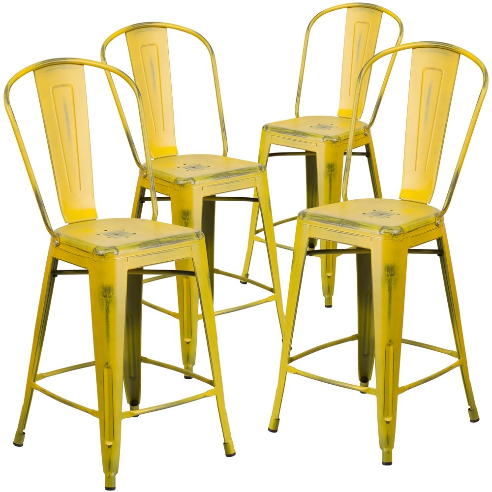 4 Pk. 24” High Distressed Yellow Metal Indoor Counter Height Stool with Back