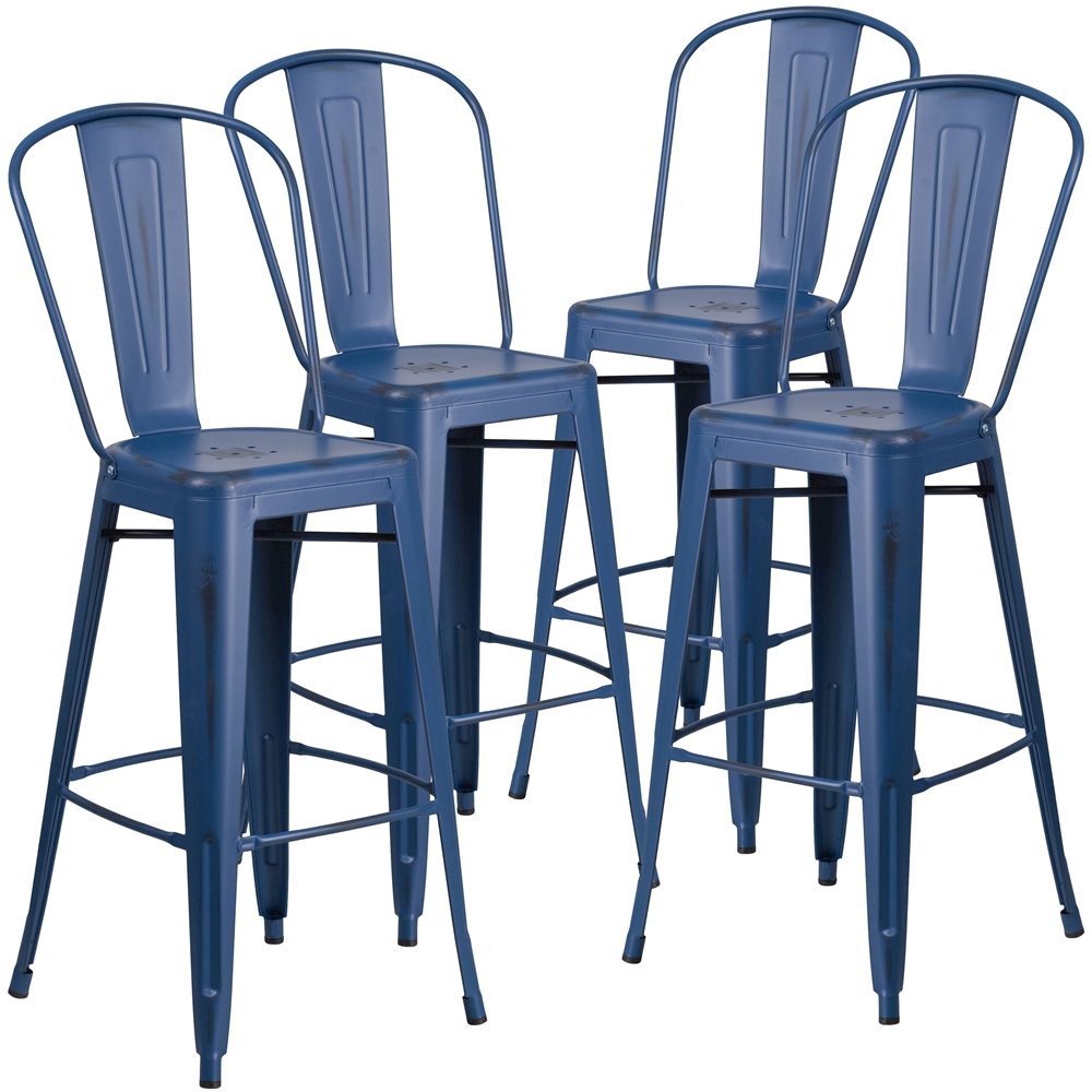 4 Pk. 30” High Distressed Antique Blue Metal Indoor-Outdoor Barstool with Back