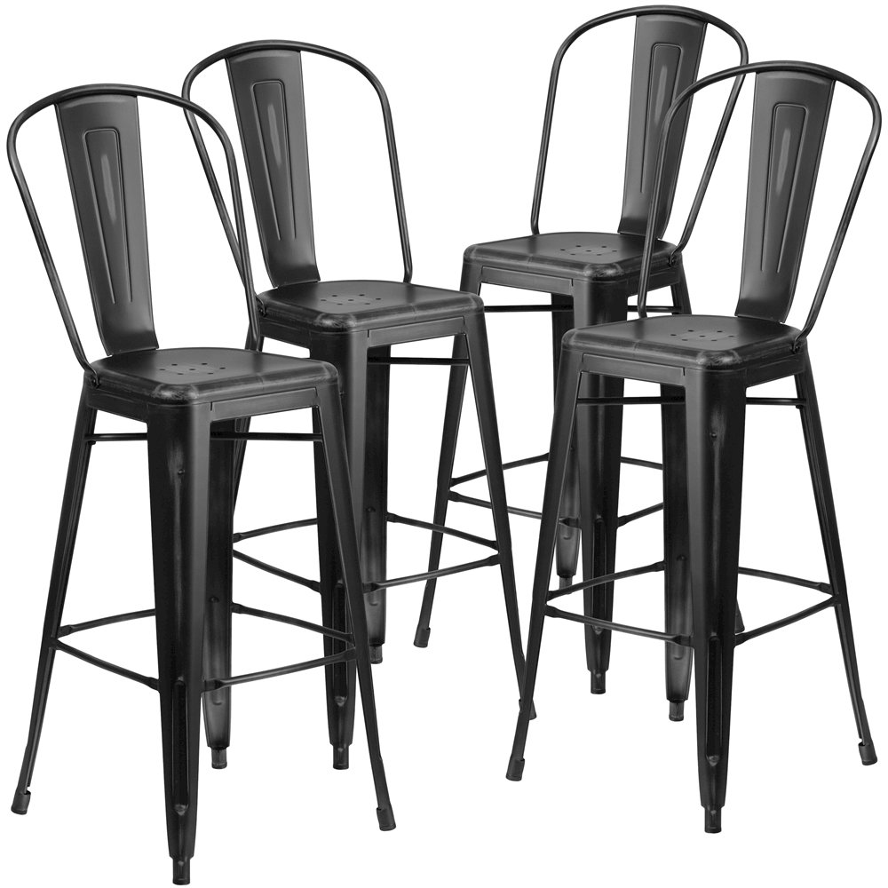 4 Pk. 30” High Distressed Black Metal Indoor Barstool with Back