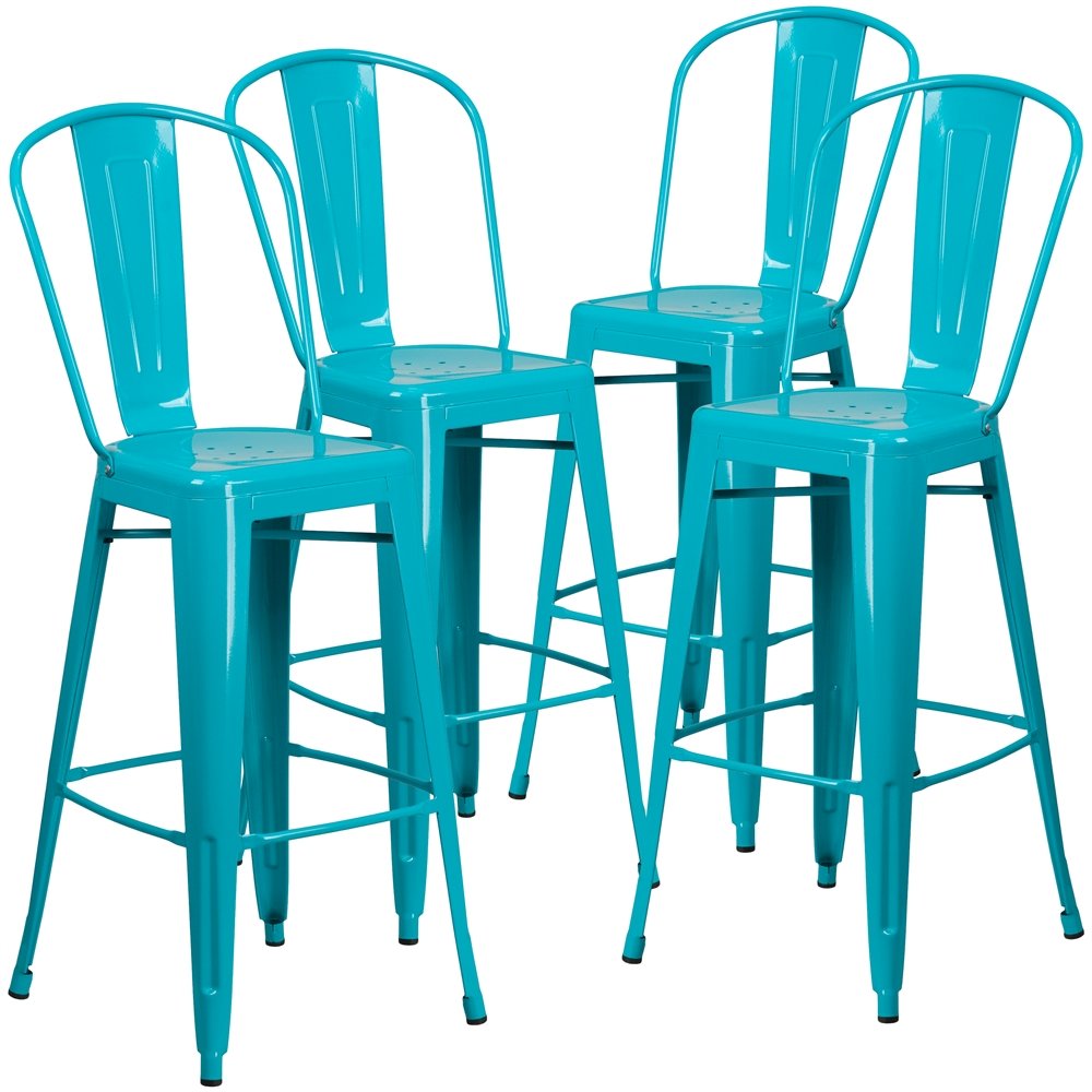4 Pk. 30” High Crystal Blue Metal Indoor-Outdoor Barstool with Back
