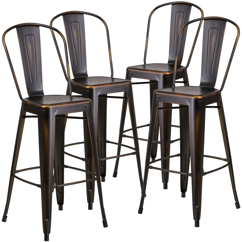 4 Pk. 30” High Distressed Copper Metal Indoor Barstool with Back