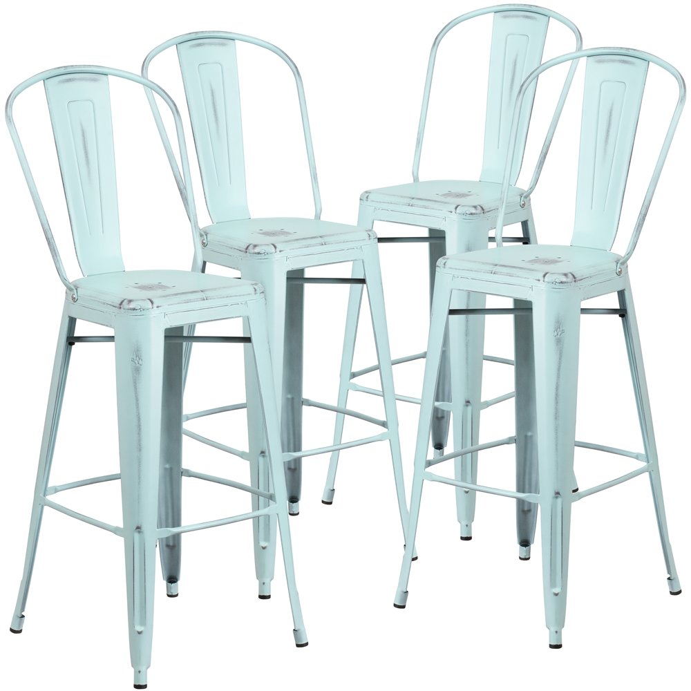 4 Pk. 30” High Distressed Dream Blue Metal Indoor Barstool with Back
