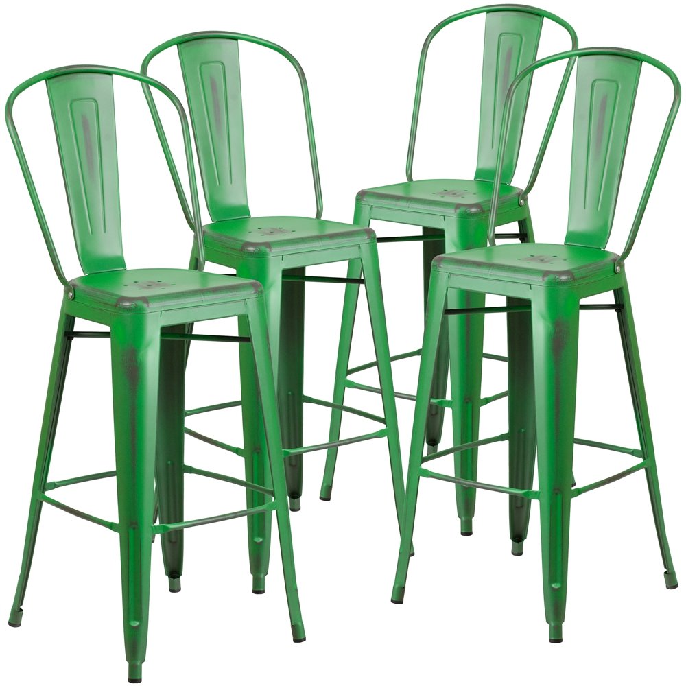 4 Pk. 30” High Distressed Green Metal Indoor Barstool with Back