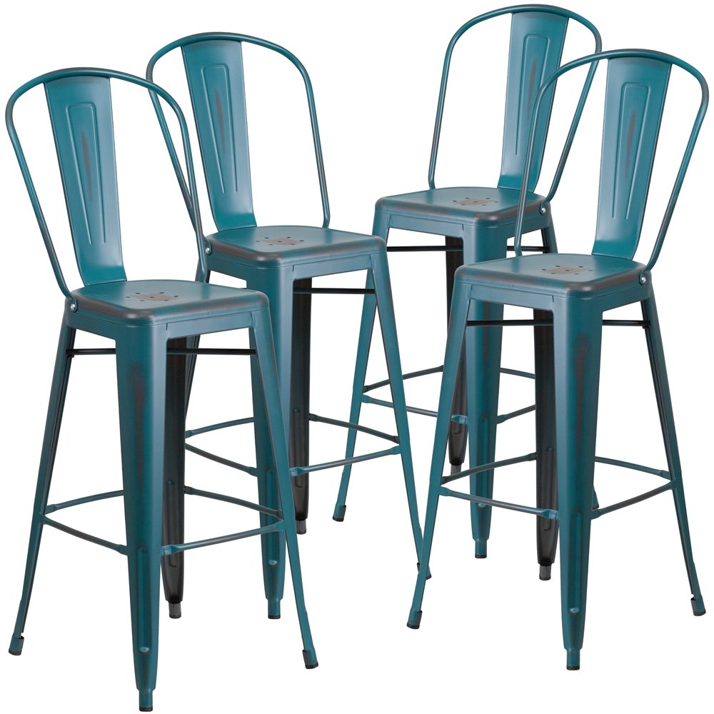 4 Pk. 30” High Distressed Kelly Blue Metal Indoor Barstool with Back