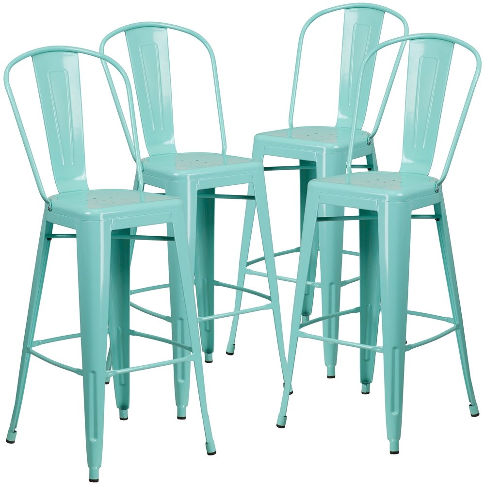 4 Pk. 30” High Mint Green Metal Indoor-Outdoor Barstool with Back