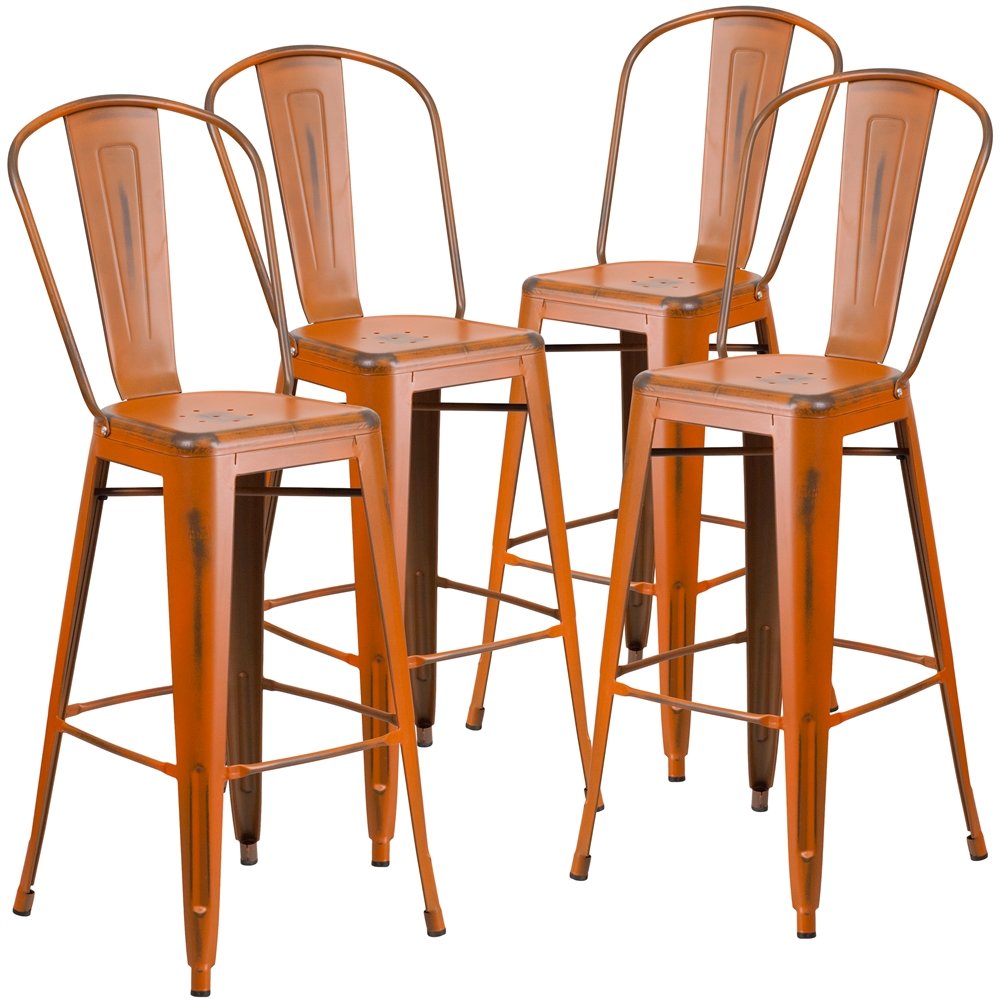 4 Pk. 30” High Distressed Orange Metal Indoor Barstool with Back