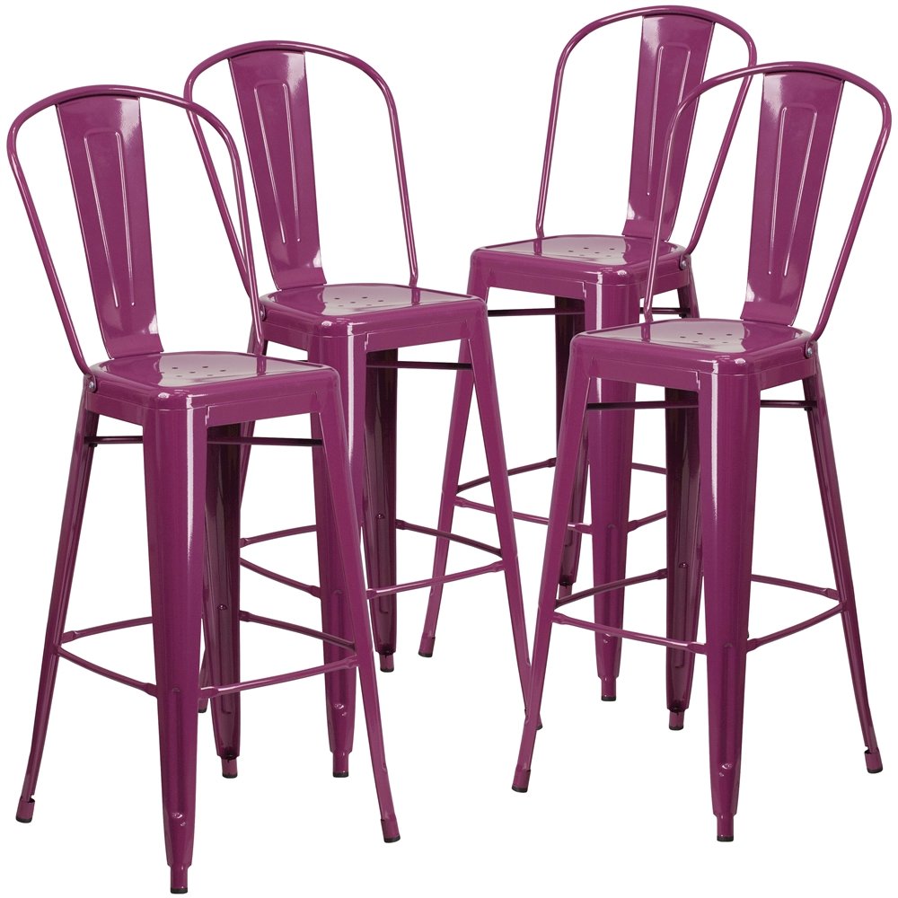 4 Pk. 30” High Purple Metal Indoor-Outdoor Barstool with Back
