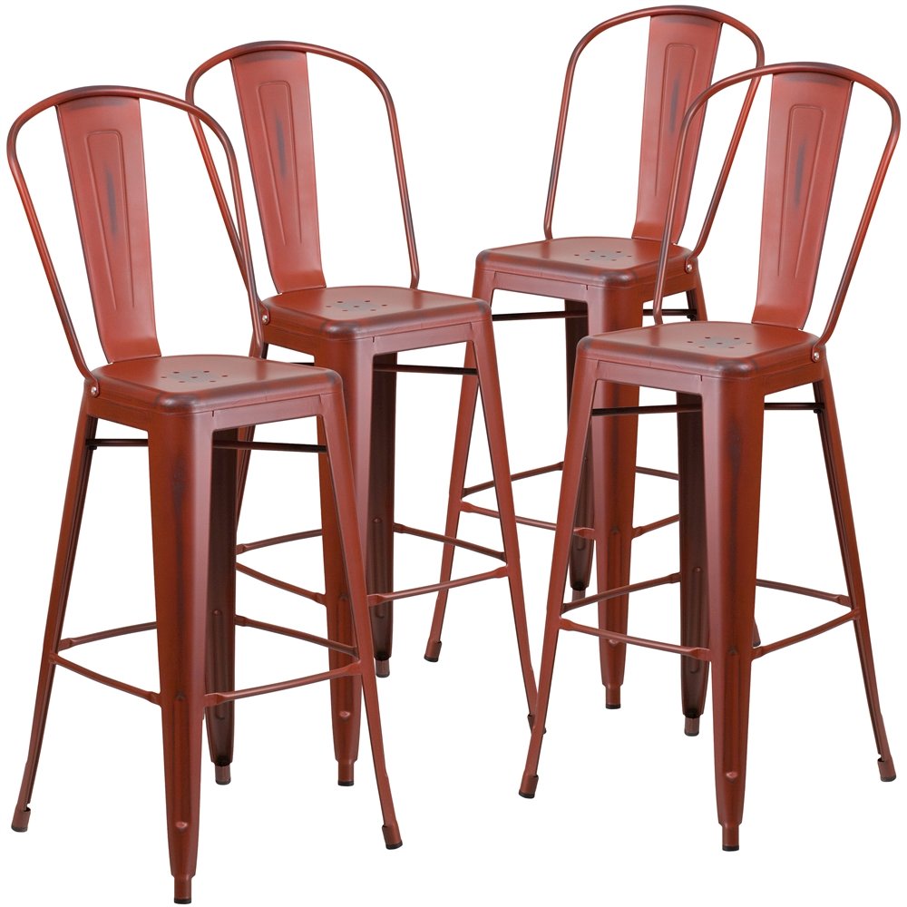 4 Pk. 30” High Distressed Kelly Red Metal Indoor Barstool with Back