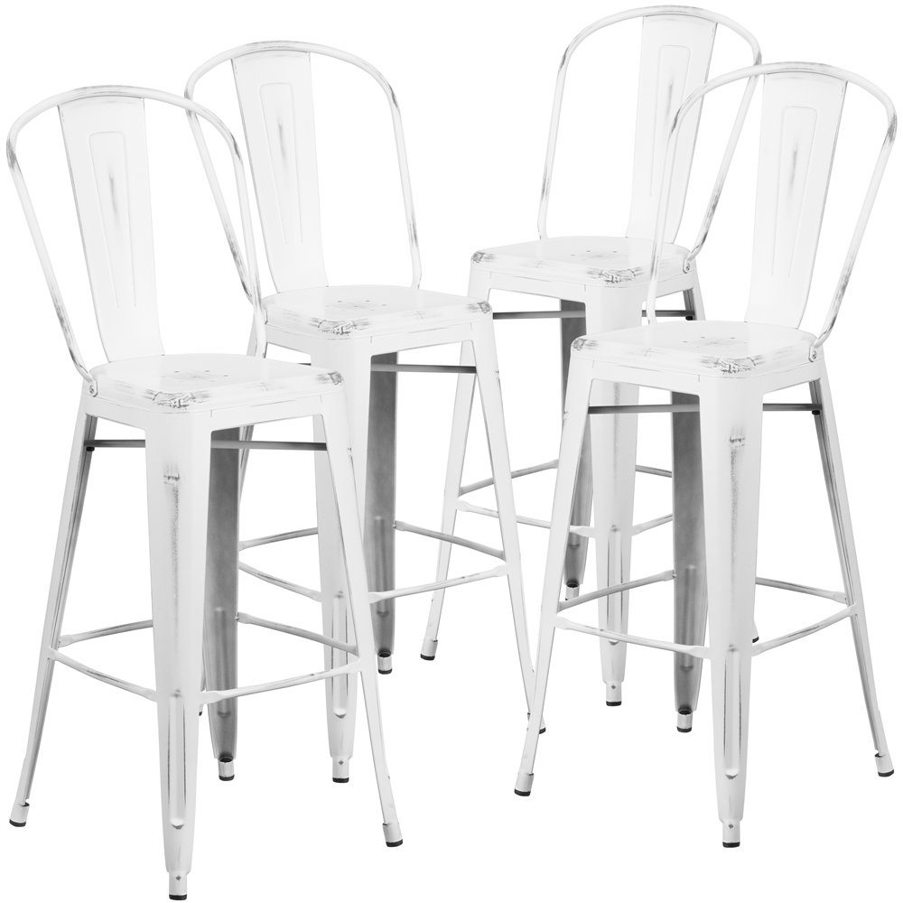 4 Pk. 30” High Distressed White Metal Indoor Barstool with Back