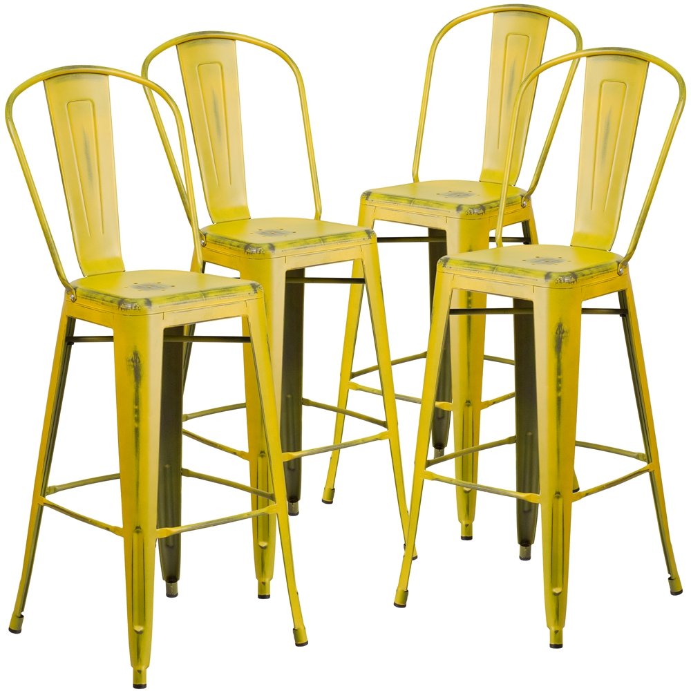 4 Pk. 30” High Distressed Yellow Metal Indoor Barstool with Back