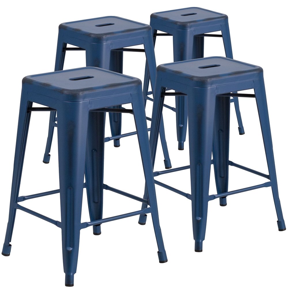 4 Pk. 24” High Backless Distressed Antique Blue Metal Counter Height Stool