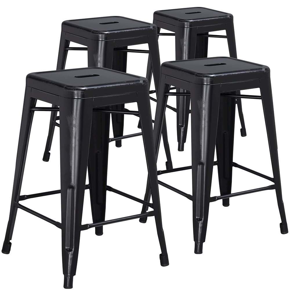 4 Pk. 24” High Backless Distressed Black Metal Indoor Counter Height Stool