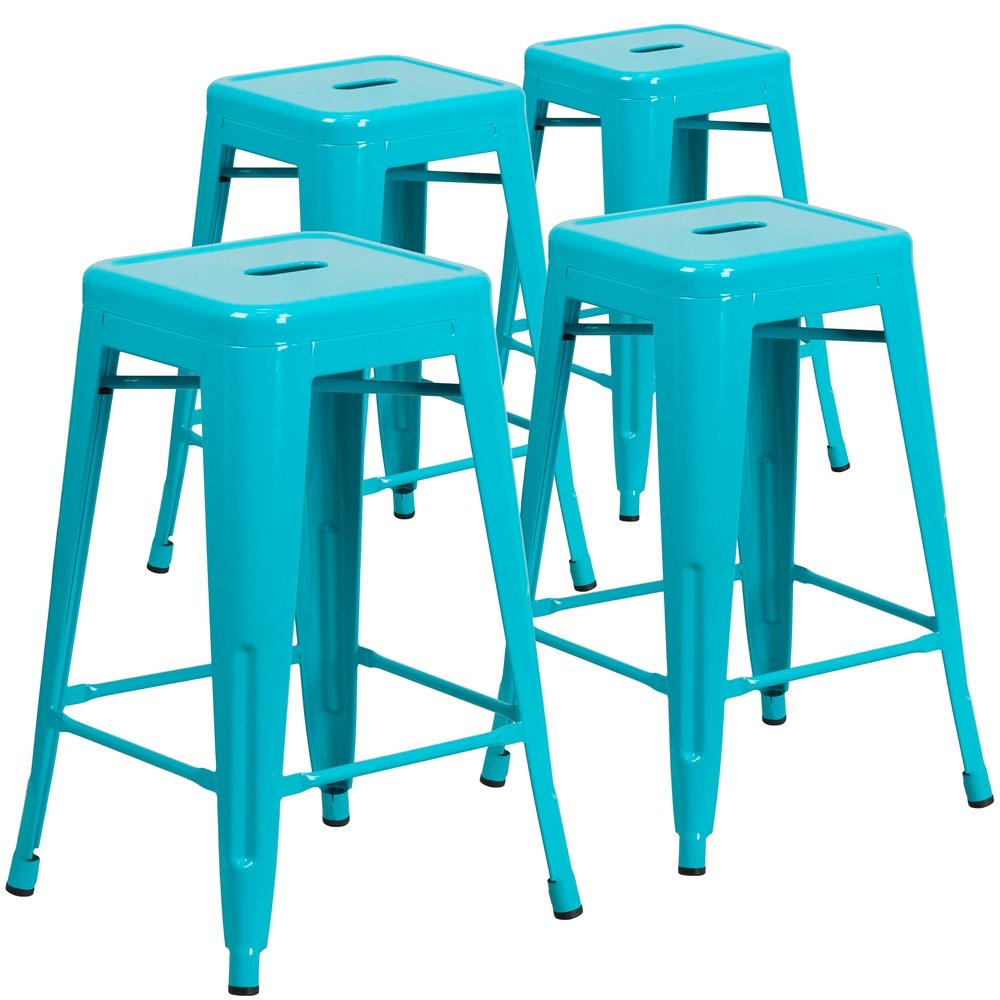 4 Pk. 24” High Backless Crystal Blue Indoor-Outdoor Counter Height Stool