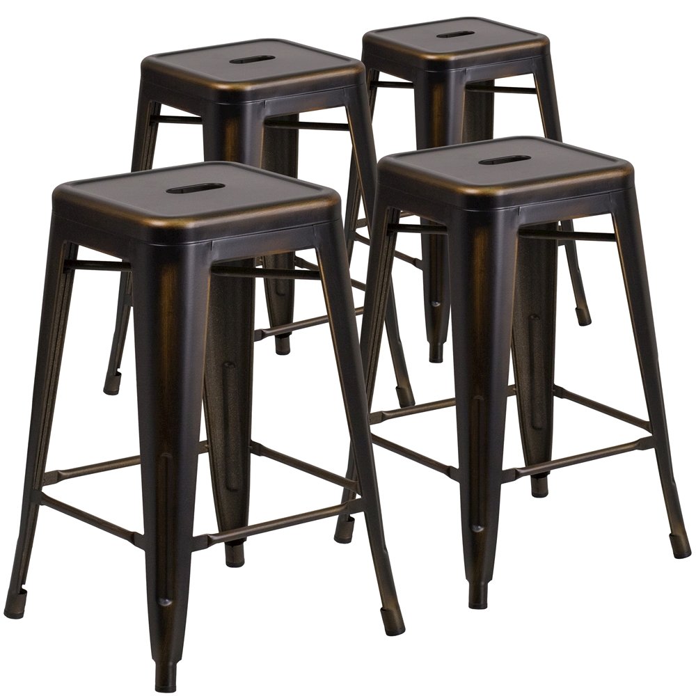 4 Pk. 24” High Backless Distressed Copper Metal Indoor Counter Height Stool