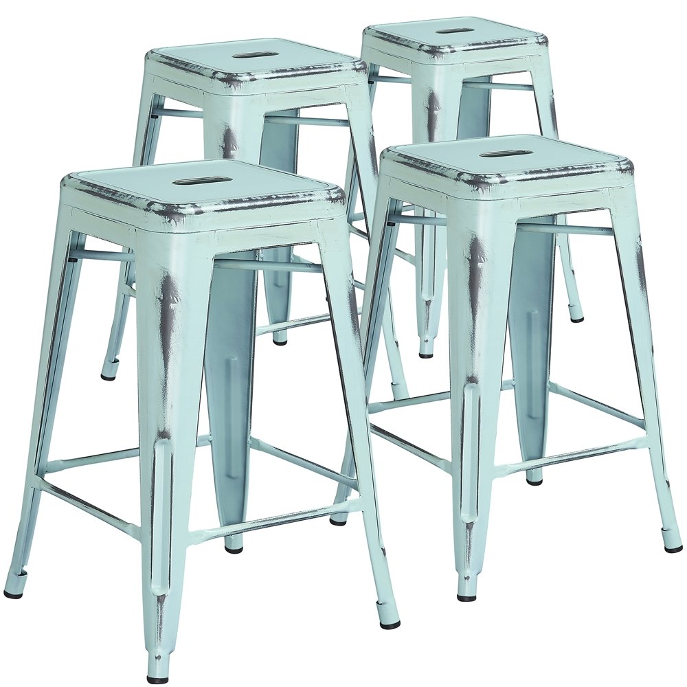 4 Pk. 24” High Backless Distressed Dream Blue Metal Indoor Counter Height Stool