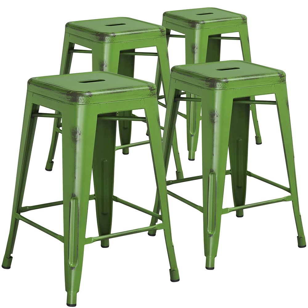 4 Pk. 24” High Backless Distressed Green Metal Indoor Counter Height Stool