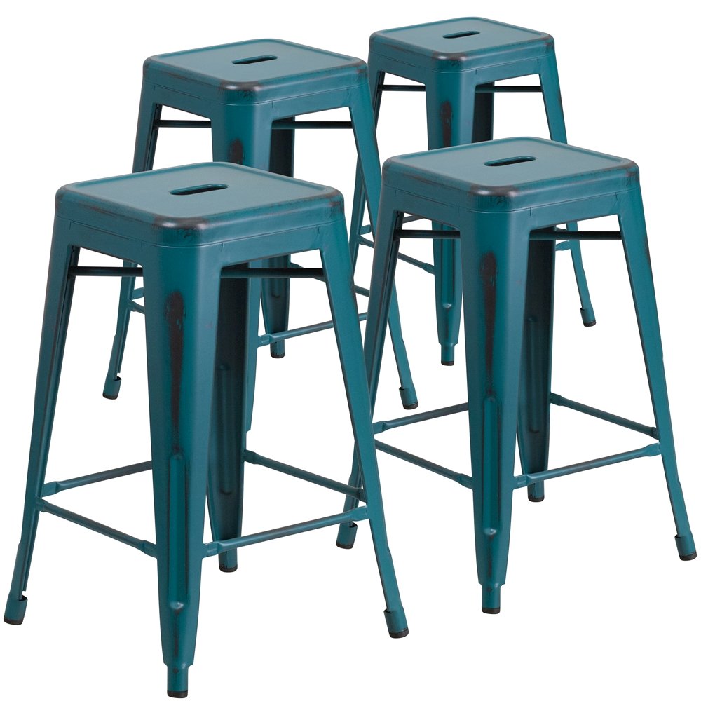 4 Pk. 24” High Backless Distressed Kelly Blue Metal Indoor Counter Height Stool