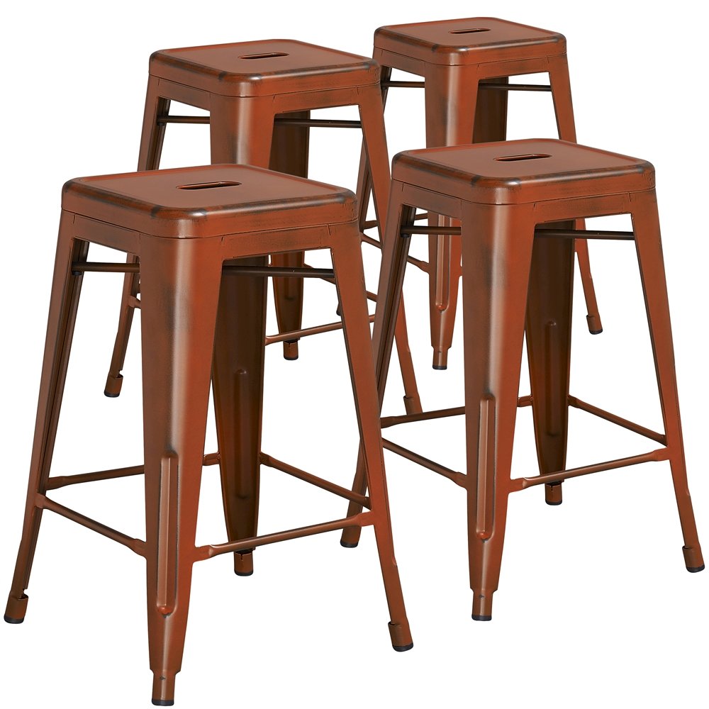 4 Pk. 24” High Backless Distressed Orange Metal Indoor Counter Height Stool