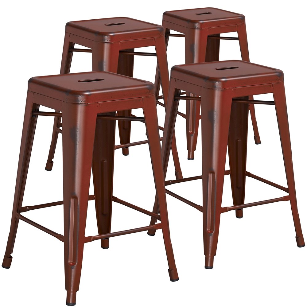 4 Pk. 24” High Backless Distressed Kelly Red Metal Indoor Counter Height Stool