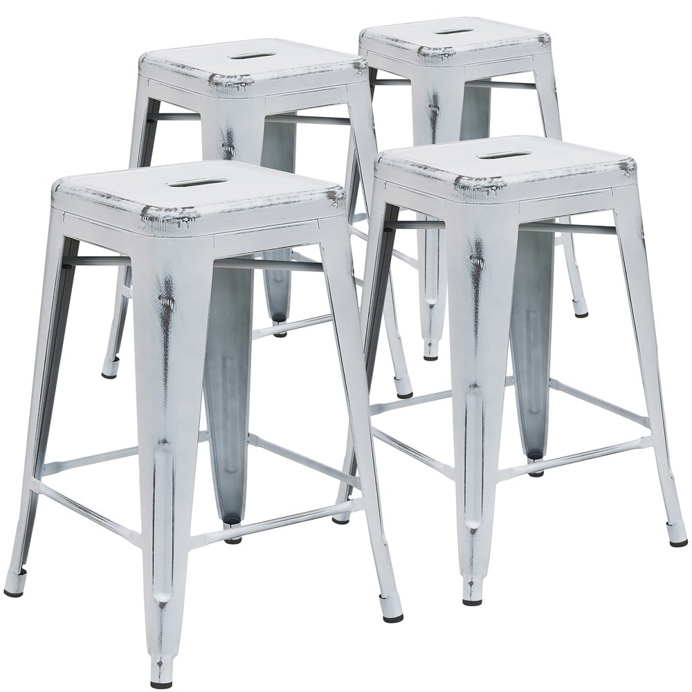4 Pk. 24” High Backless Distressed White Metal Indoor Counter Height Stool