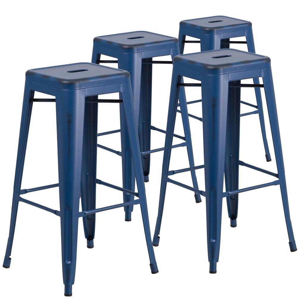 4 Pk. 30” High Backless Distressed Antique Blue Metal Indoor-Outdoor Barstool