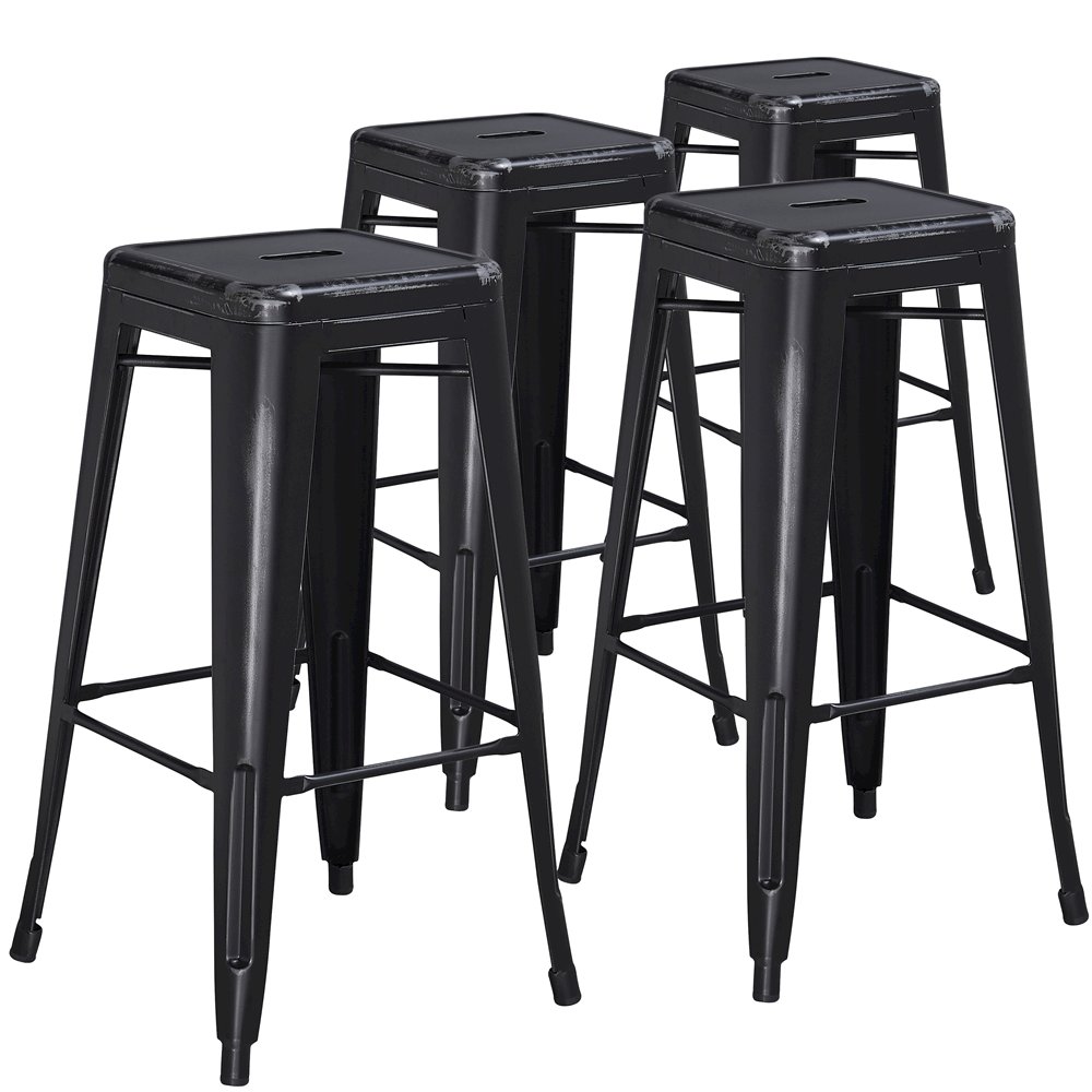 4 Pk. 30” High Backless Distressed Black Metal Indoor Barstool