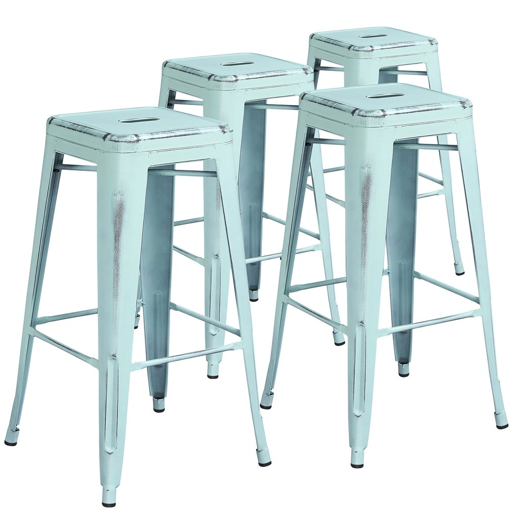 4 Pk. 30” High Backless Distressed Dream Blue Metal Indoor Barstool