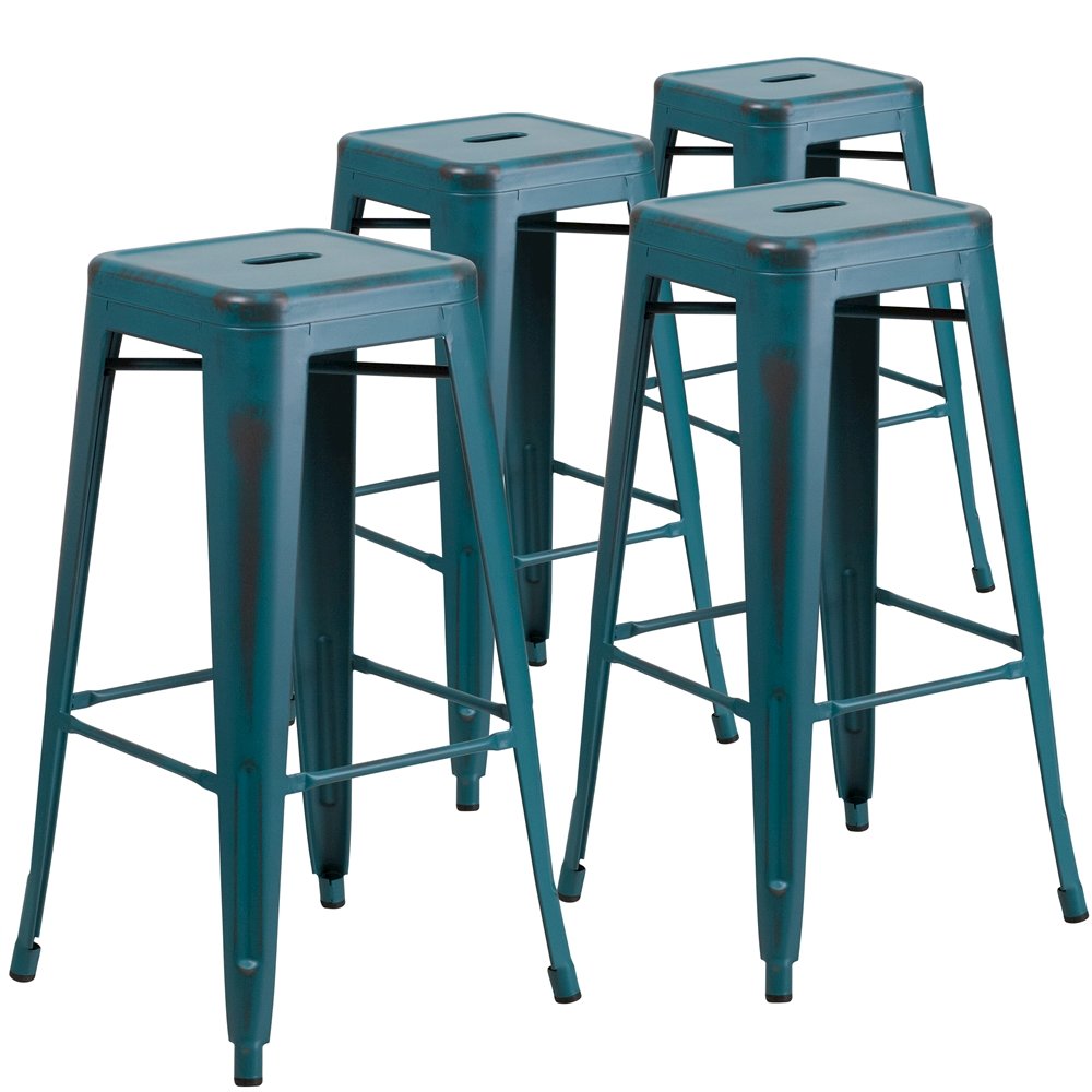 4 Pk. 30” High Backless Distressed Kelly Blue Metal Indoor Barstool