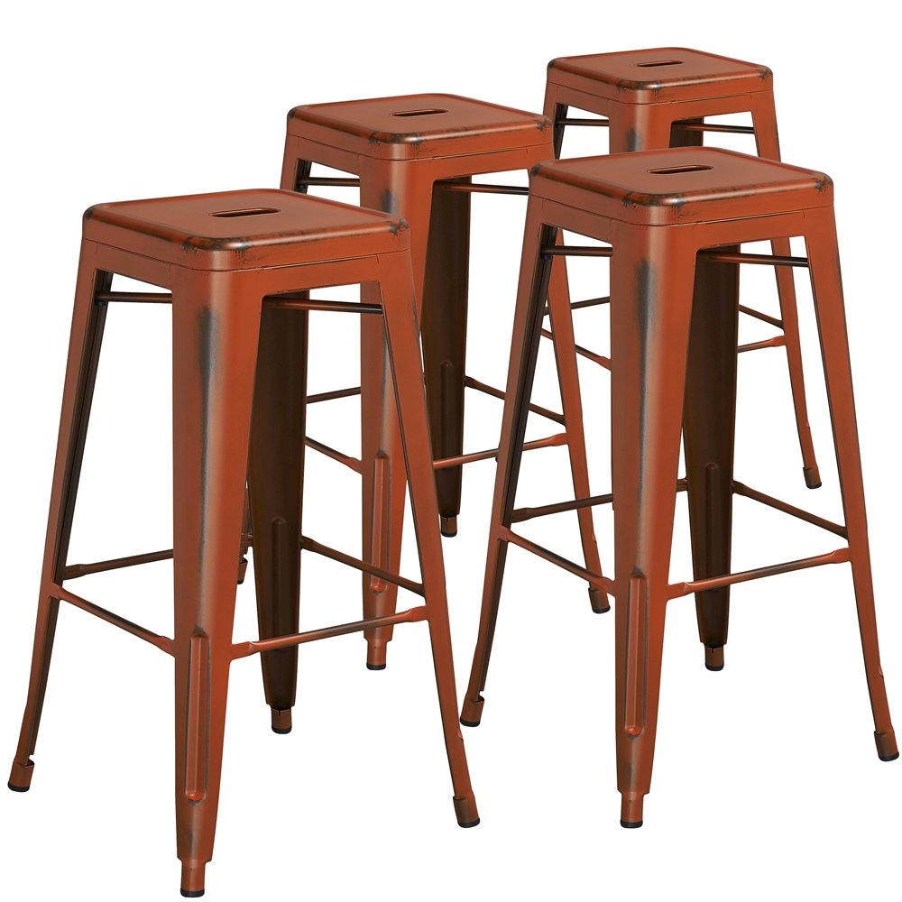 4 Pk. 30” High Backless Distressed Orange Metal Indoor Barstool