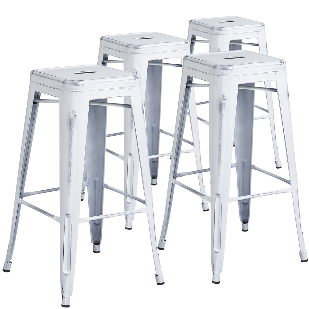 4 Pk. 30” High Backless Distressed White Metal Indoor Barstool