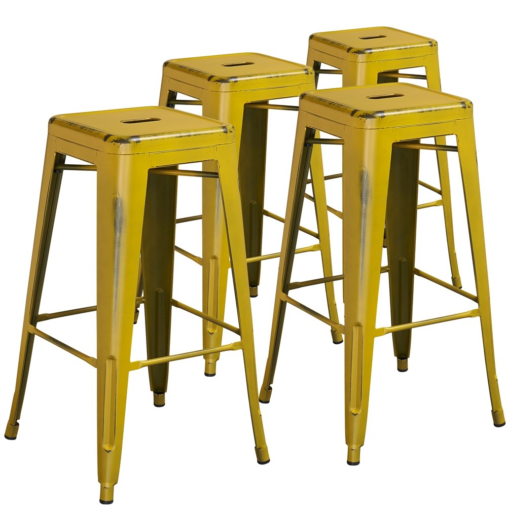 4 Pk. 30” High Backless Distressed Yellow Metal Indoor Barstool