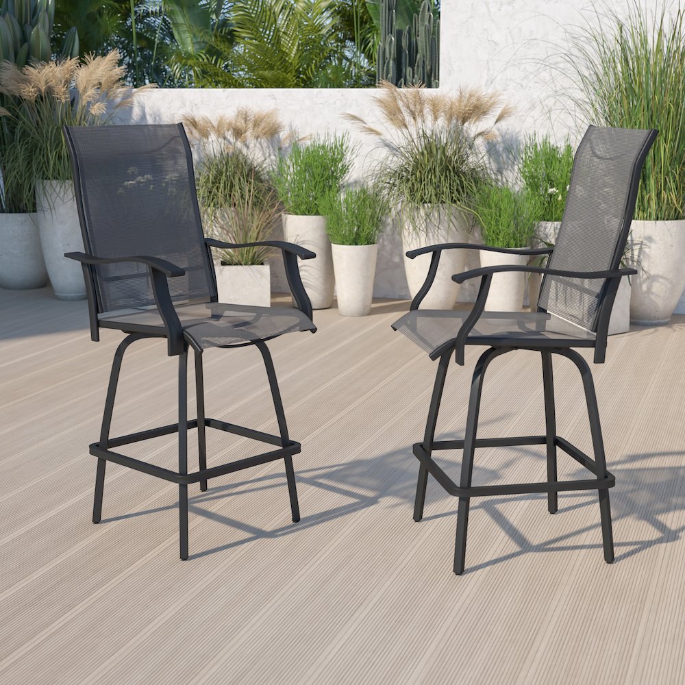 All-Weather Textilene Swivel Patio Stools and Deck Chairs with High Back & Armrests in Gray