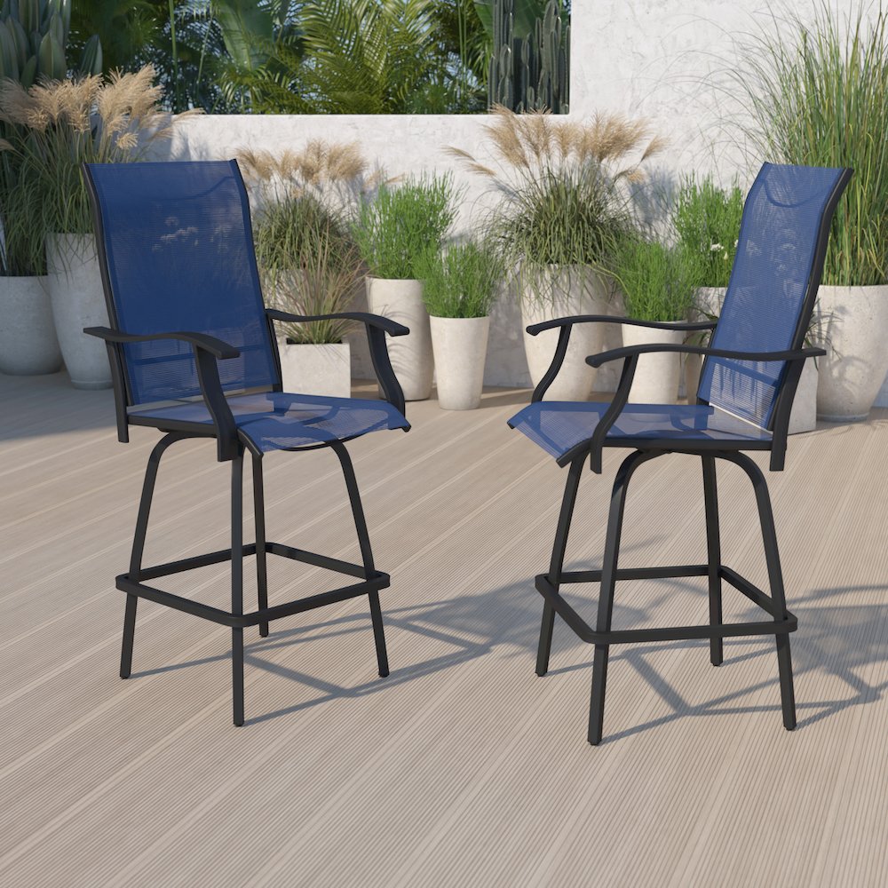All-Weather Textilene Swivel Patio Stools and Deck Chairs with High Back & Armrests in Navy