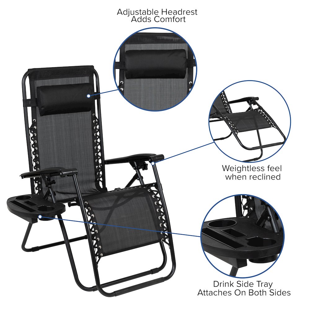 Adjustable Folding Mesh Zero Gravity Reclining Lounge Chair with Pillow and Cup Holder Tray in Black